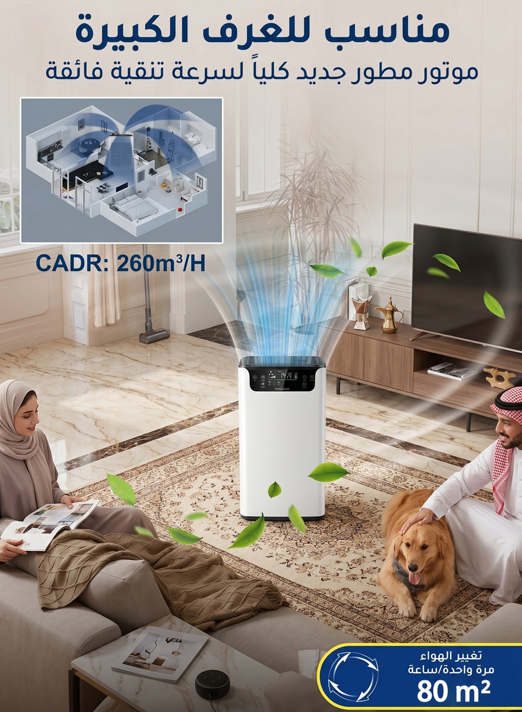 Air Purifier for Home & Bedroom Up to 80㎡, True HEPA Filter 99.5% Efficiency, UV Sterilization & Negative Ion Generator, Removes Dust, Pollen, Bacteria & Odor, PM2.5 & Temperature Display, Remote & Touch Control, 3 Speeds, Timer 1–12H