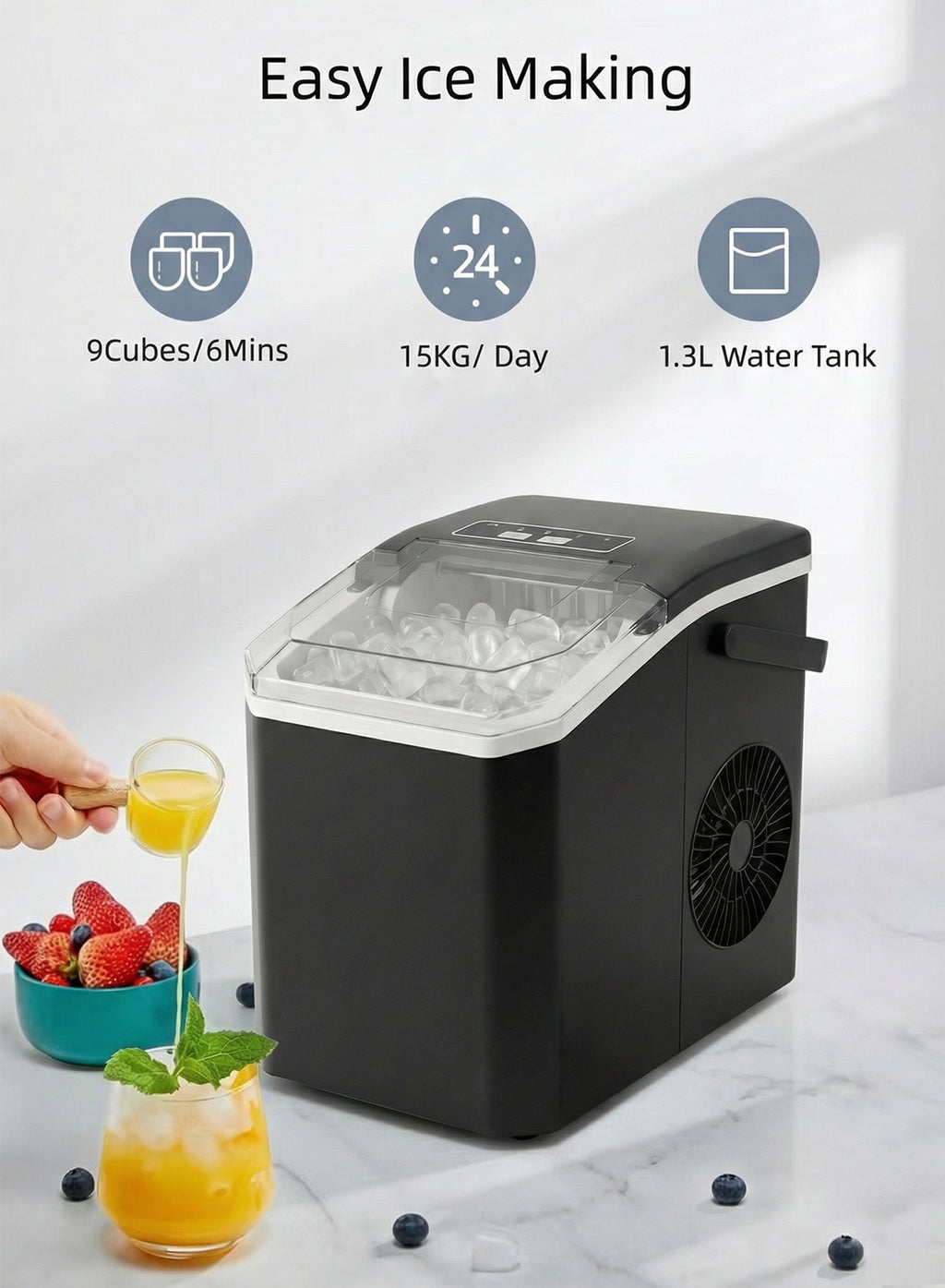 Countertop Ice Maker, 9 Cubes in 6 Mins, 15KG/24H, 100W Portable Ice Maker with Self-Cleaning, 1.3L Water Tank, Ice Basket & Scoop for Home Kitchen Office Party