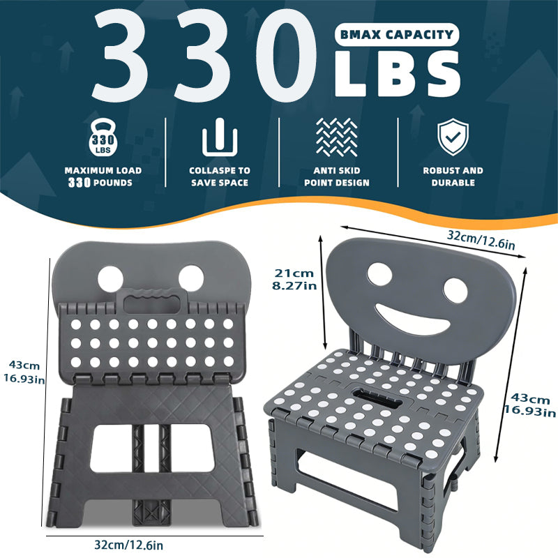YOONISPRO Folding Step Stool - 2-in-1 Foldable Chair & Step Stool with Backrest, Heavy Duty Plastic Non-Slip Surface Collapsible Design with Easy Carry Handles for Kitchen Bathroom Bedroom, for Adults (Black, White, Grey)