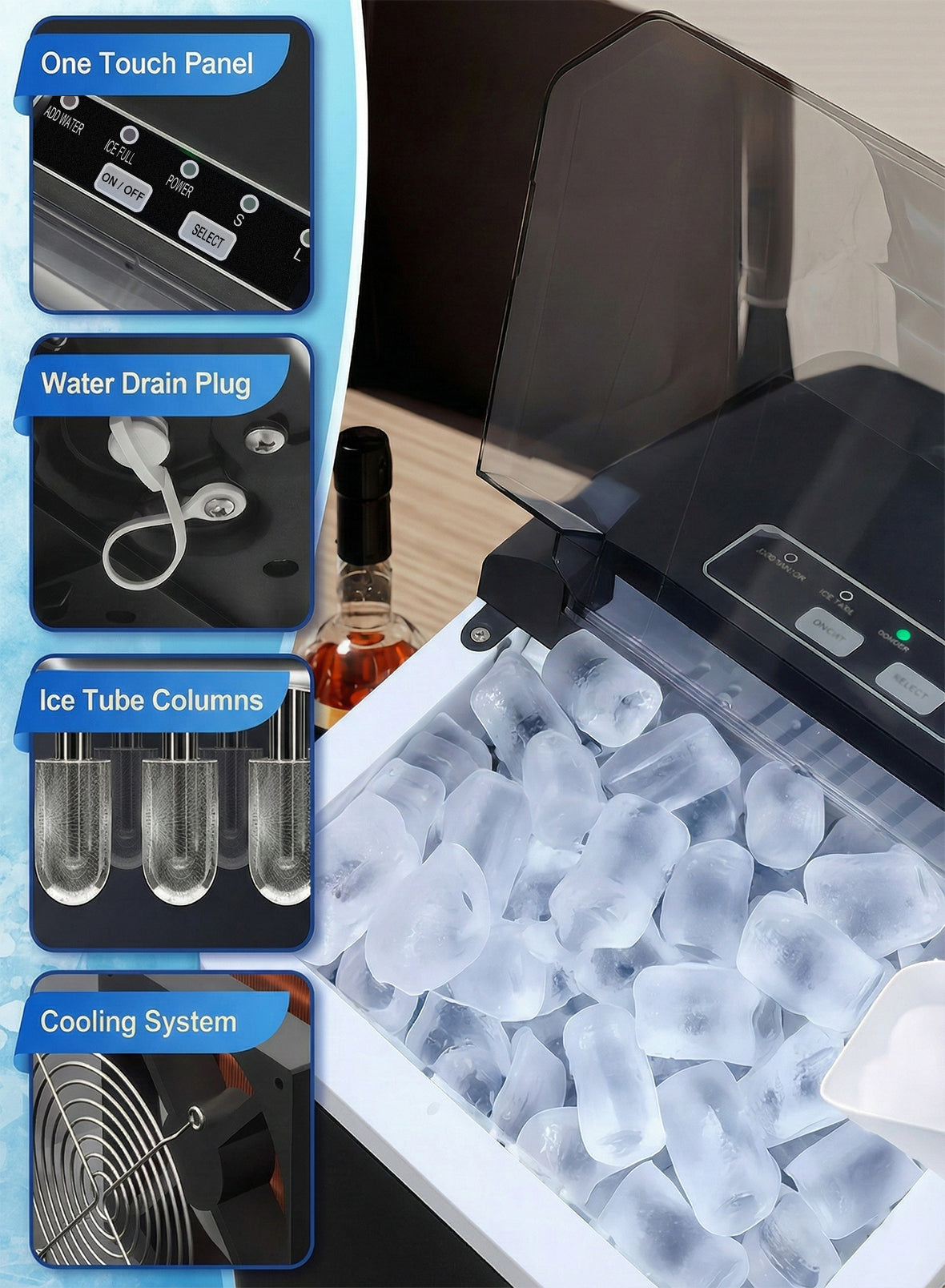 Countertop Ice Maker, 9 Cubes in 6 Mins, 15KG/24H, 100W Portable Ice Maker with Self-Cleaning, 1.3L Water Tank, Ice Basket & Scoop for Home Kitchen Office Party