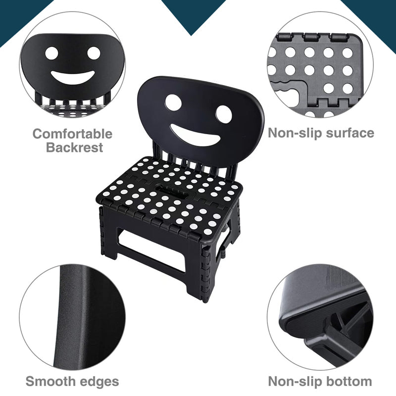 YOONISPRO Folding Step Stool - 2-in-1 Foldable Chair & Step Stool with Backrest, Heavy Duty Plastic Non-Slip Surface Collapsible Design with Easy Carry Handles for Kitchen Bathroom Bedroom, for Adults (Black, White, Grey)