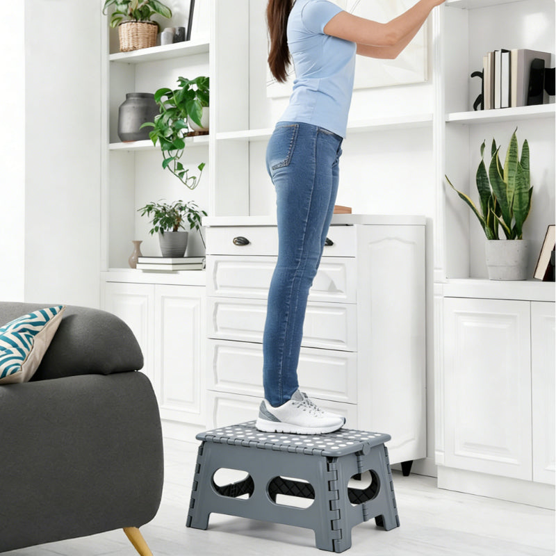 YOONISPRO 15-Inch Extra Wide 9 Inch Height Heavy Duty Folding Step Stool, Safer and More Comfortable Non-Slip Foldable Collapsible Plastic Stool for Adults, for Kitchen Bathroom Bedroom (Black, White, Grey)