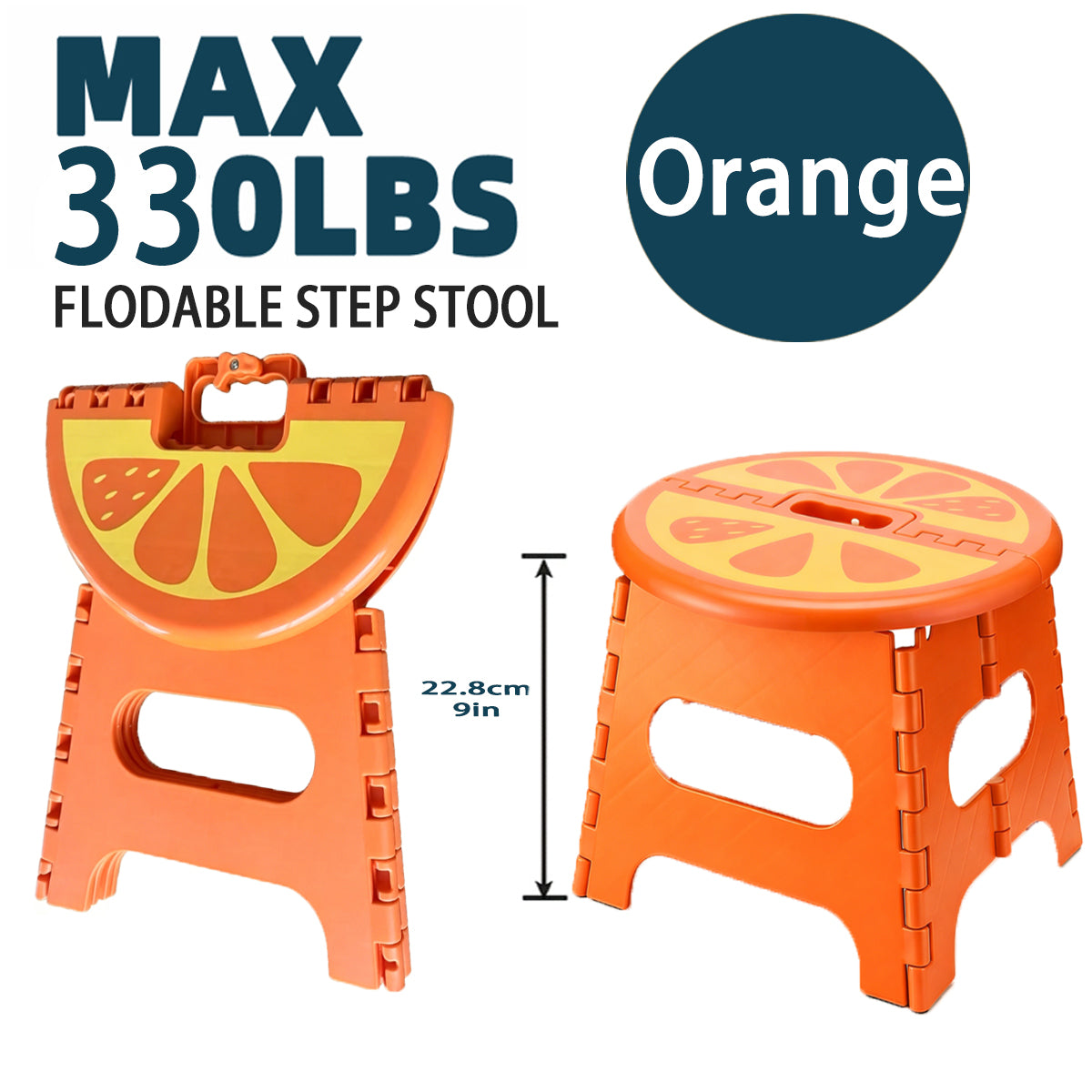 YOONISPRO 9 Inch Heavy Duty Folding Step Stool, Sturdy Collapsible Plastic Stool with Non-Slip Surface & Handle, Foldable Foot Stool for Adults in Kitchen Bathroom Bedroom Outdoor (Orange, Green, Yellow, Red)